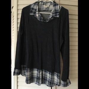 Cute Blue Long Sleeve Top w/ Plaid Sz M
